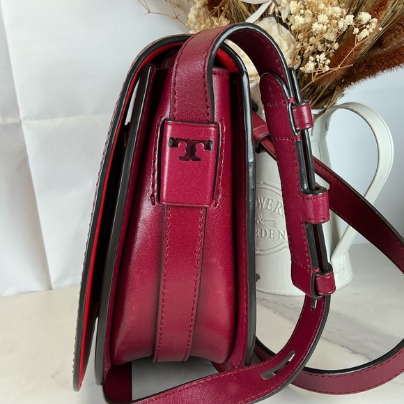 Tory Burch Red Burgundy Smooth Leather Crossbody Saddle Shoulder Bag - Picture 7 of 14